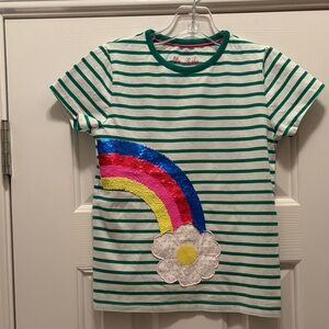 NWOT Mini Boden Green Striped Tee with Sequin Rainbow